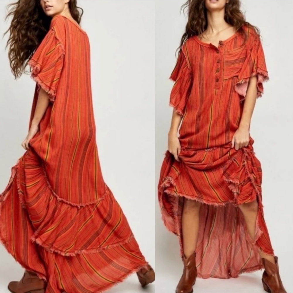 FREE PEOPLE Rare Find Better Days Red Combo Striped Henley Ruffle Maxi Dress (M)